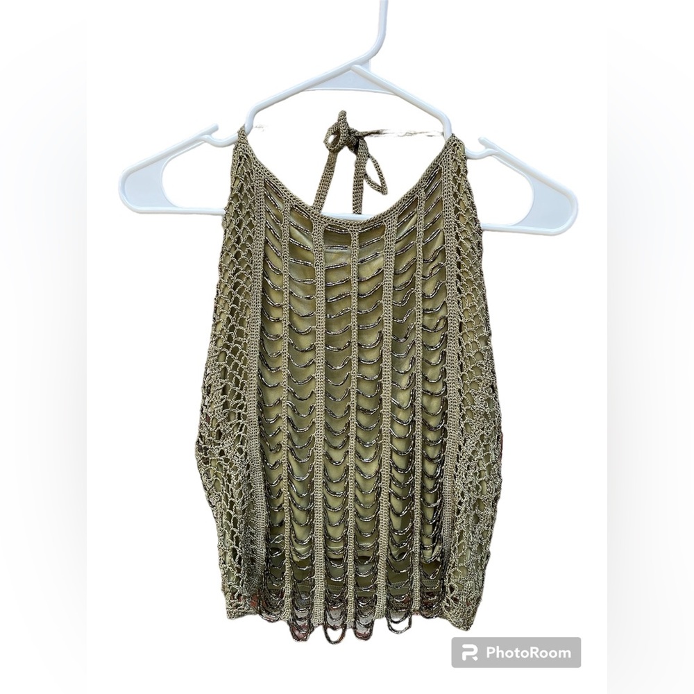 Mermaid top! Green beaded halter top with green and purple beading and mesh M